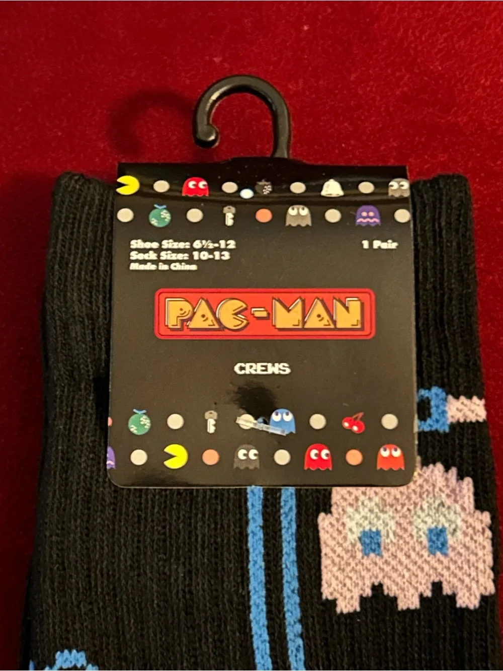 Men’s PAC Man Black Novelty Crew Socks 9-12 shoe size 6.5-12 New
